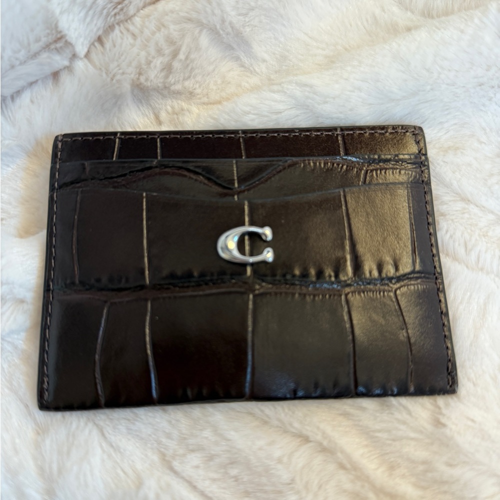 Coach croc embossed card holder with silver hardware
